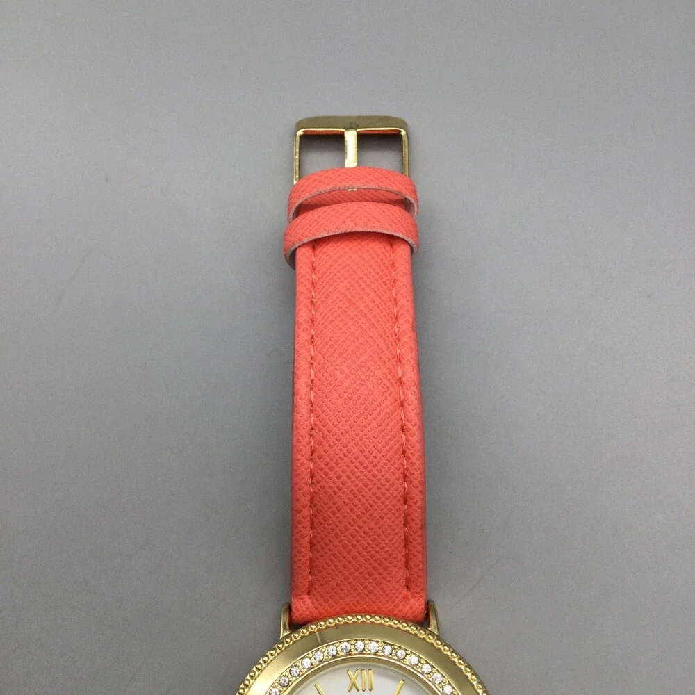 L&Co Womens Watch 36mm White Dial Gold Tone Pink Strap Crystals New Battery